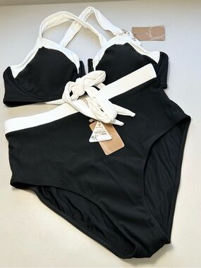 Berlook Black Contrast Trim Bikini Set Plus Size 18 Swimwear high waisted